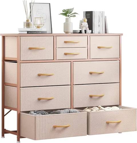 Vista 9 de LUMTOK - Cómoda de 10 cajones, cómodas de tela para dormitorio, pasillo, guardería, armarios, marco de acero, parte superior de madera, mango fácil