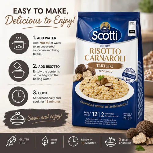 Vista 2 de Riso Scotti - Risotto sazonado con trufa, arroz Carnaroli, 7.4 oz (210 g) Ready Meal, Easy to Cook, Carnaroli Rice for Risotto with Truffle