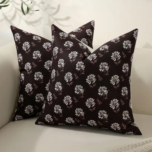 Vista 7 de Juego de 2 fundas de almohada de lino de algodón con flores, fundas de cojín decorativas de estilo pastoral de impresión en bloque de 45 x 45 cm