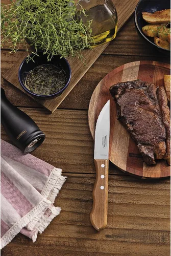 Vista 7 de Tramontina Juego de 4 cuchillos para carne jumbo de 5 pulgadas, cuchillo afilado con mango de madera, camping, cocina, rústico, 22399079