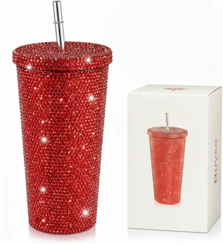 Vista 10 de Vaso térmico con diamantes de imitación con tapa, reutilizable, aislado, de acero inoxidable de alta calidad, botella de agua estética de primera