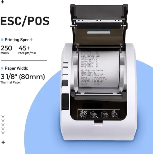 Vista 5 de MUNBYN Impresora POS, impresora térmica de recibos de 3.150 in, impresora de cocina con cortador automático de montaje en pared, ESC/POS funciona