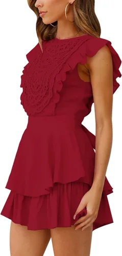 Vista 3 de AIMCOO Enterizo de manga con vuelo y encaje de ganchillo para mujer, vestido con cuello redondo y lazo en la cintura, overoles cortos con volantes