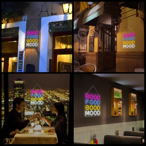 Vista 5 de Horseneon Letrero de neón LED de buena comida y buen humor, letreros de neón de comida para decoración de pared, luz de neón buena comida buen humor