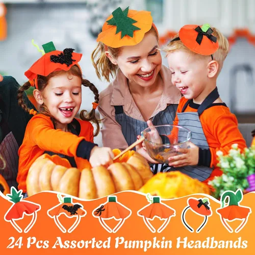 Vista 3 de Tigeen 24 diademas de calabaza de Halloween, diadema de tallo de calabaza, sombrero de calabaza para mujer, bandas para el cabello para mujeres