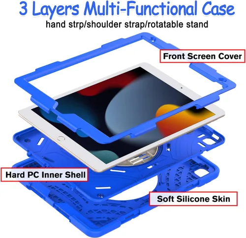 Vista 3 de BMOUO Funda para iPad de 9ª/8ª/7ª generación -10.2 pulgadas 2021/2020/2019 con protector de pantalla, soporte giratorio de 360º correa de mano