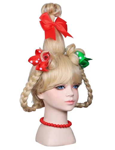 Vista 8 de FantaLook Peluca larga trenzada para niños, para Navidad, cosplay, con collar de cuentas rojas y lazos de lunares rojos y verdes para niños, disfraz