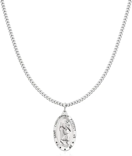 Vista 2 de Ross-Simons Medalla ovalada de San Cristóbal de Plata de Ley para hombre con cadena de acero inoxidable. 24 pulgadas, Plata esterlina, no conocido