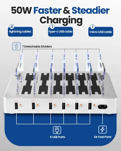 Vista 3 de Estación de carga USB de 6 puertos con 6 cables incluidos, concentrador de carga rápida para iPhone, teléfono celular, tableta, reloj inteligente