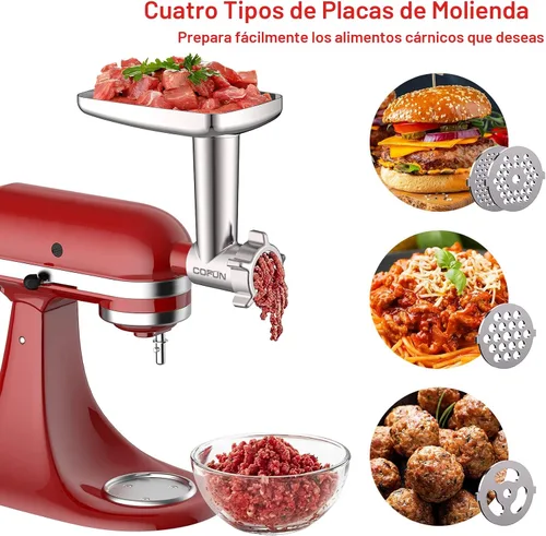 Vista 2 de Accesorios para molinillo de carne y triturador de rodajas para mezclador de pie KitchenAid, molinillo de carne con tubos para embutir salchichas