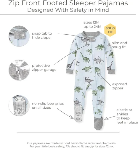 Vista 2 de Burt's Bees - Pijama para bebé y niños, cremallera frontal antideslizante, algodón orgánico
