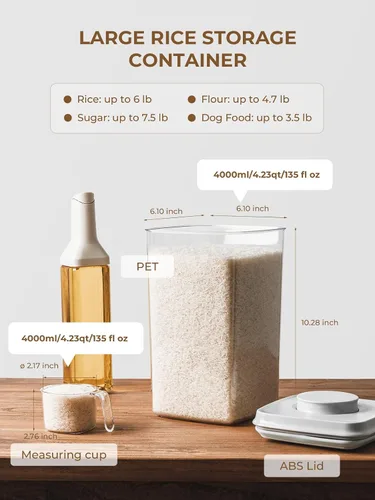 Vista 4 de Grandes contenedores de almacenamiento de alimentos herméticos con taza medidora, 4L con tapa emergente hermética para arroz, 6.06 lbs (2.75 kg)