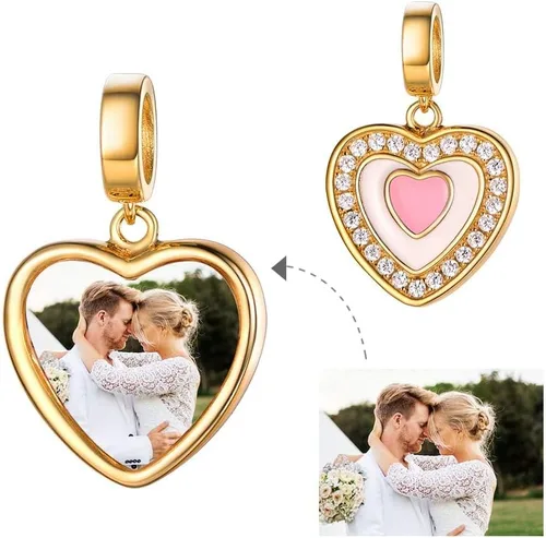 Vista 50 de Custom4U Photo Charms for Bracelets 925 Sterling Silver/Gold Plated Heart/Tree of Life/Round Charm Bead Personalized with Picture Custom