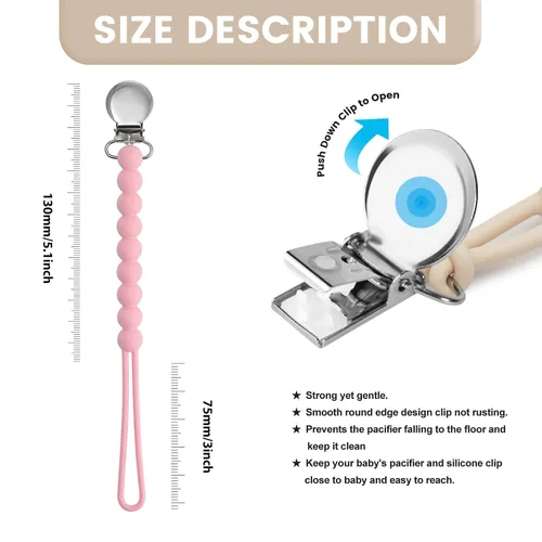 Vista 2 de Silicone Pacifier Clip for Baby Girls, Paci Binky Holder 2 Pack R-Rosa y Beige