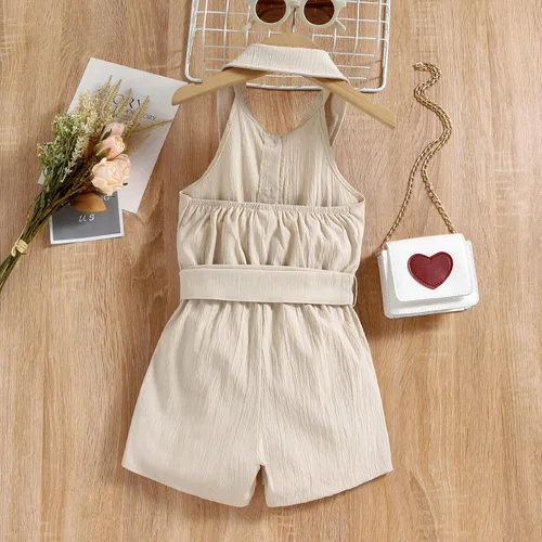 Vista 3 de Mameluco de verano sin mangas para niñas pequeñas, mono de lino y algodón sólido con cinturón, para madres y niñas (beige, 12-18 meses)