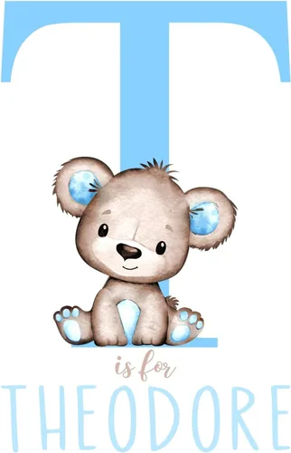 Vista 9 de Arte de pared personalizado con diseño de oso de acuarela azul para bebé niño, decoración de guardería, sin marco, monograma inicial de letra