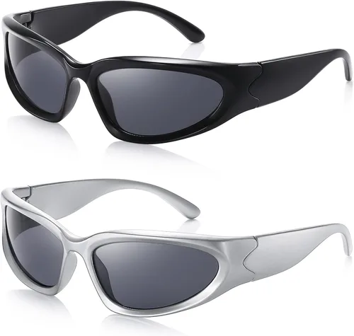 Vista 10 de JASPIN Y2K Gafas de Sol Envolventes para Mujeres y Hombres, Plata, Ovaladas, de Moda, Deportivas, con Protección UV A1/Negro+plateado+gris