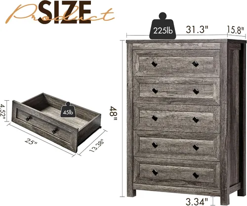 Vista 2 de VanAcc - Cómoda de granja de 5 cajones, cómoda para dormitorio, color gris Cómoda de madera natural de 47 pulgadas de alto, amplio almacenamiento