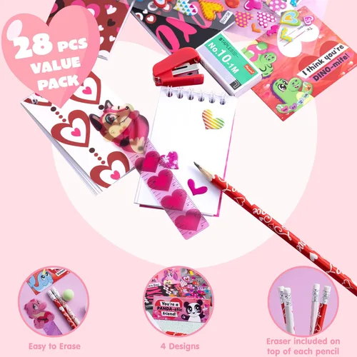 Vista 3 de JOYIN Juego de 28 artículos de papelería para el día de San Valentín con tarjeta de regalo para niños, incluye lápices, reglas, cuaderno