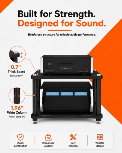 Vista 3 de Soporte para medios AV de 2 niveles, capacidad de carga de 176 libras, color negro anti-vibration feet that help reduce resonance for clearer