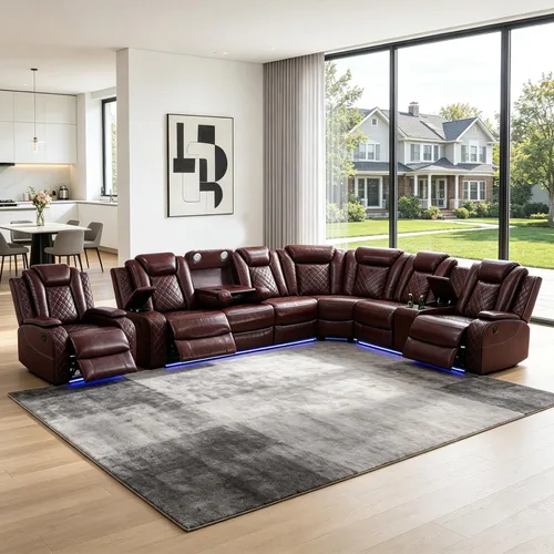 Vista 10 de Juego de sofá modular reclinable eléctrico con luz LED, juego de sofá modular reclinable de cuero, incluye sillón reclinable individual, juego