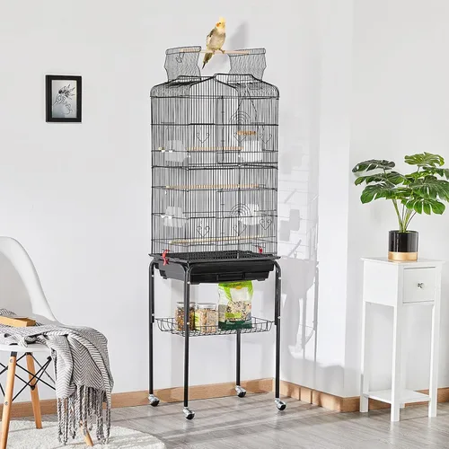 Vista 2 de Yaheetech - Jaula para pájaros con tapa abierta, 64 pulgadas, para periquitos y cacatúas, color negro Detachable Rolling Stand, Easy-clean Slide