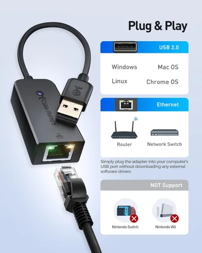 Vista 4 de Cable Matters Adaptador USB a Ethernet Plug & Play - Compatible con clones de direcciones PXE y MAC -Adaptador Ethernet a USB 2.0 de 10/100 Mbps