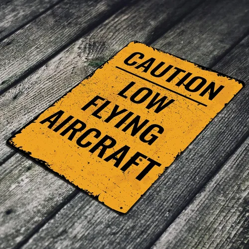 Vista 2 de Tin Signs - Letrero de metal de 12 x 8 pulgadas, diseño de avión de vuelo bajo con precaución