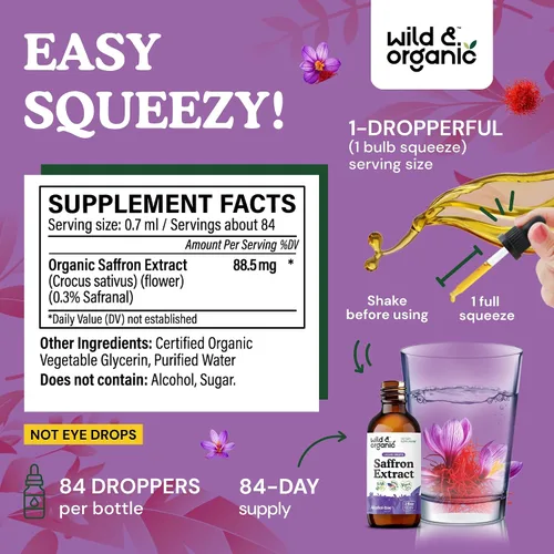 Vista 3 de Wild & Organic Suplementos de azafrán 88.5 mg – Gotas de azafrán para el estado de ánimo, cerebro, apoyo de la visión – Extracto líquido de Crocus