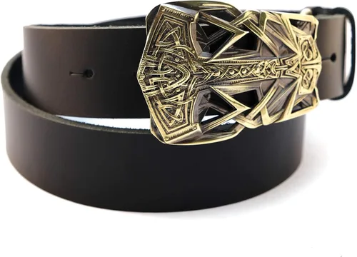 Vista 2 de Leather belt with buckle Thor's Hammer, Scandinavian Old Norse Viking Mjolnir solid brass belt buckle on belt