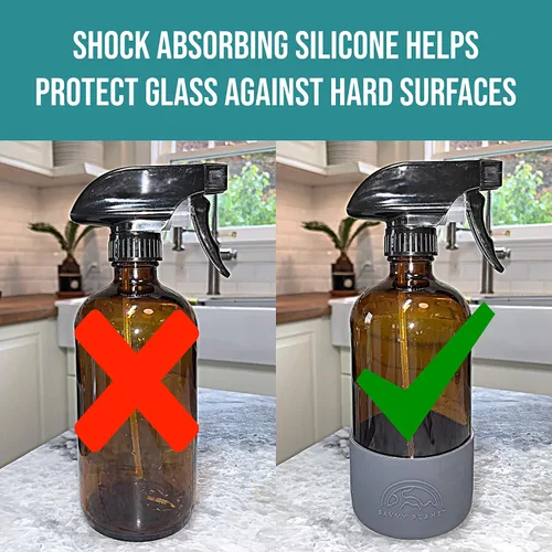 Vista 4 de SAVVY PLANET Botellas vacías de vidrio ámbar con protección de funda de silicona, recipientes recargables de 16 onzas para productos de limpieza