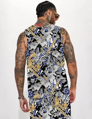 Vista 2 de Conjunto de camiseta sin mangas con estampado floral para hombre, camiseta deportiva casual con estampado de lujo, ropa deportiva hawaiana