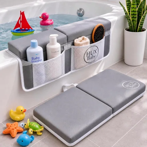 Vista 10 de Cómodo juego de rodilleras y coderas de baño para bebé, almohadilla antideslizante para bañarse, tapete acolchado para bañera, coderas, bolsillos