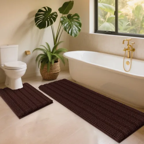 Vista 17 de ACCUMTEK - Juego de alfombras de baño a rayas beige de 3 piezas, ultrasuaves, antideslizantes de chenilla, alfombras de baño mullidas y absorbentes