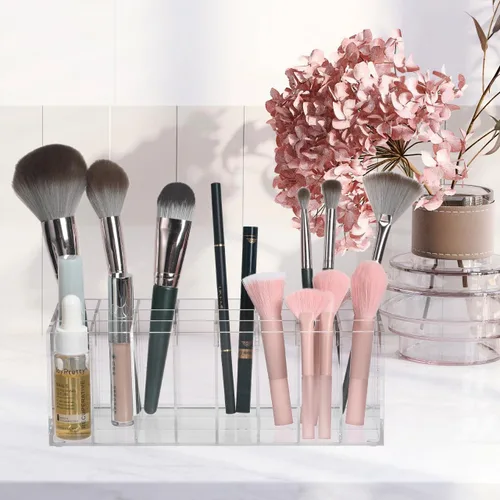 Vista 5 de FOMIYES Soporte para lápiz labial de 24 ranuras, organizador de maquillaje acrílico transparente para encimera, tocador y baño, estante
