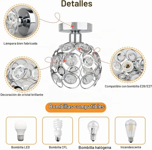 Vista 6 de Lámpara de araña mini plateada, lámpara de techo de cristal, luces de pasillo semiempotradas, pequeñas cubiertas de lámpara de araña de metal hechas
