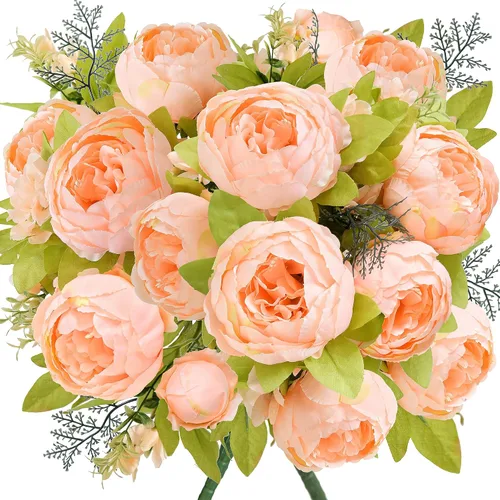 Vista 12 de Ramo de peonías artificiales – Juego de 2 tallos de flores de seda sintética – Ramos listos para el estilo para bodas, decoración del hogar, eventos