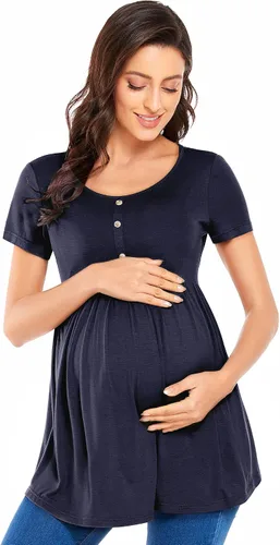 Vista 2 de POSHGLAM Camisetas de maternidad para mujer, cuello redondo, ropa de embarazo fruncida con acento de botón