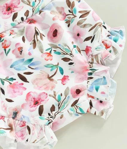 Vista 6 de Conjunto de ropa de verano para bebé recién nacida, conjunto de ropa de verano con estampado floral, mameluco con cordón y diadema corta