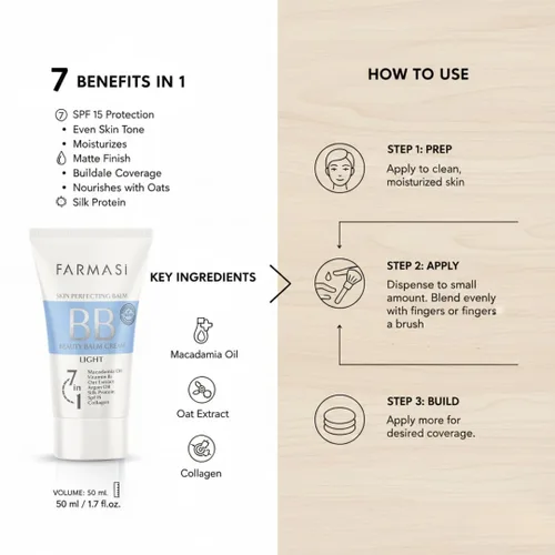 Vista 6 de FARMASi BB Cream Beauty Balm, hidratante tintado con SPF 15, acabado mate ligero, maquillaje facial de cobertura construible, 1.7 onzas líquidas, 01