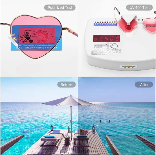Vista 7 de Gafas de sol polarizadas con forma de corazón para mujer, con marco de metal, protección UV, A1 marco dorado lente rosa