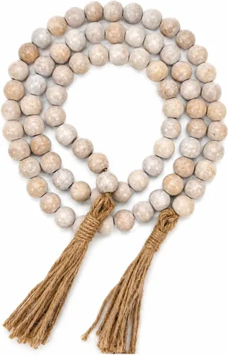 Vista 8 de Guirnalda de cuentas de madera de granja, decoración rústica de mesa de granja, cuentas de cortina de madera con borlas, decoración bohemia