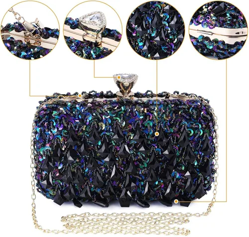 Vista 4 de UBORSE Bolso de noche con lentejuelas brillantes de diamantes de imitación para mujer, estilo vintage, con cuentas de cristal, para cóctel, fiesta