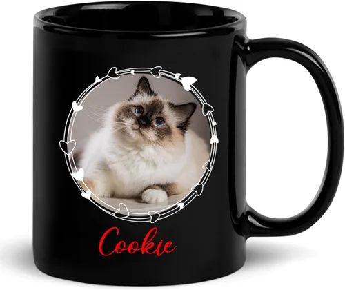 Vista 8 de Taza de café personalizada con nombre y foto de gato, marco de fotos personalizado para gato, taza de café negra de 11 onzas y 15 onzas, taza de té
