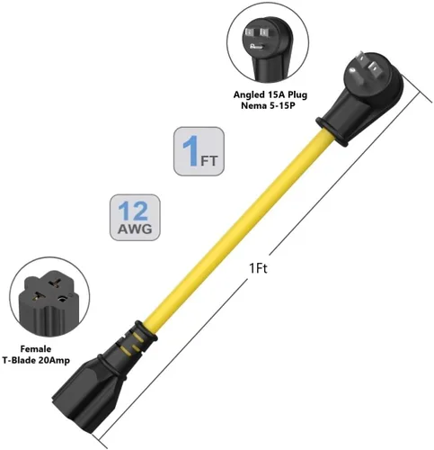 Vista 7 de Cable adaptador de enchufe doméstico de 1 pie de 12 AWG en ángulo recto de 15 amperios a 20 amperios, cable adaptador de enchufe de 90 grados Nema