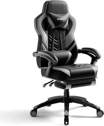 Vista 9 de POWERSTONE Silla de videojuegos con reposapiés y soporte lumbar, estilo carreras, piel sintética, ergonómica, ajustable, giratoria, color negro