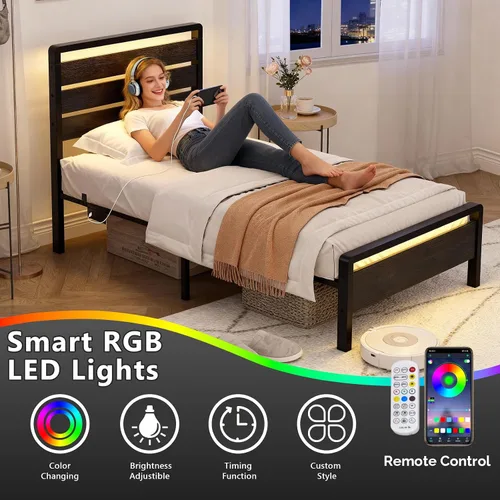 Vista 3 de VINGLI Base de cama de plataforma individual con cabecero y estribo LED, estación de carga USB, cama de panel de metal con espacio de almacenamiento