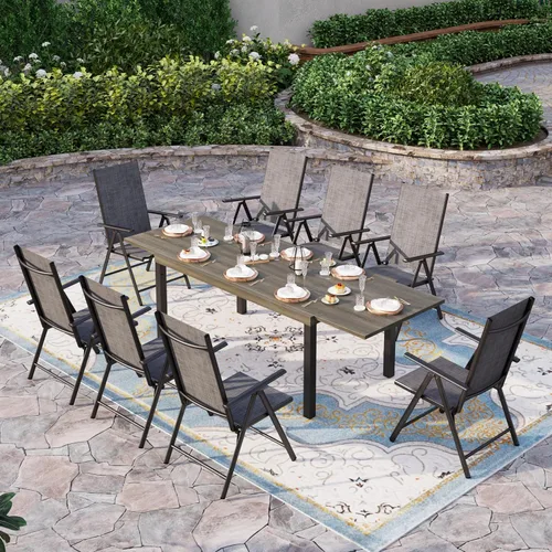 Vista 13 de Sophia & William Juego de comedor de patio para 8 personas, juego de mesa de comedor al aire libre grande cuadrada de metal negro y 8 sillas