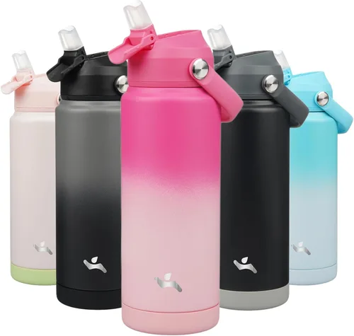 Vista 38 de Konokyo Botella de agua aislada con tapa de pajilla, botella de metal al vacío de acero inoxidable de 18 onzas con mango de silicona, color negro