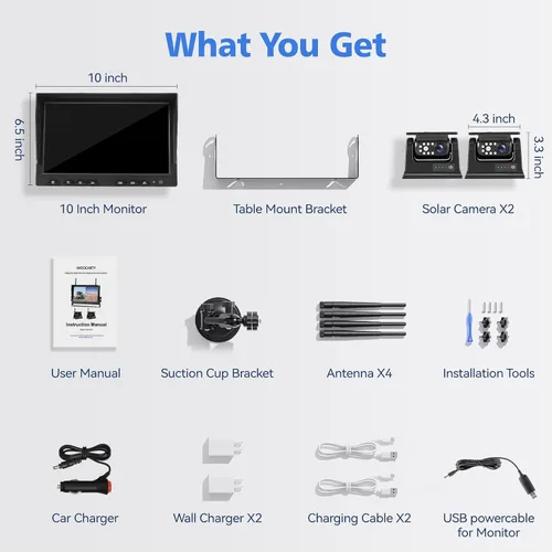 Vista 7 de 10.1 pulgadas - 2 cámaras de respaldo inalámbricas solares magnéticas, monitor HD 1080P DVR, sistema de cámaras duales para remolque de enganche RV